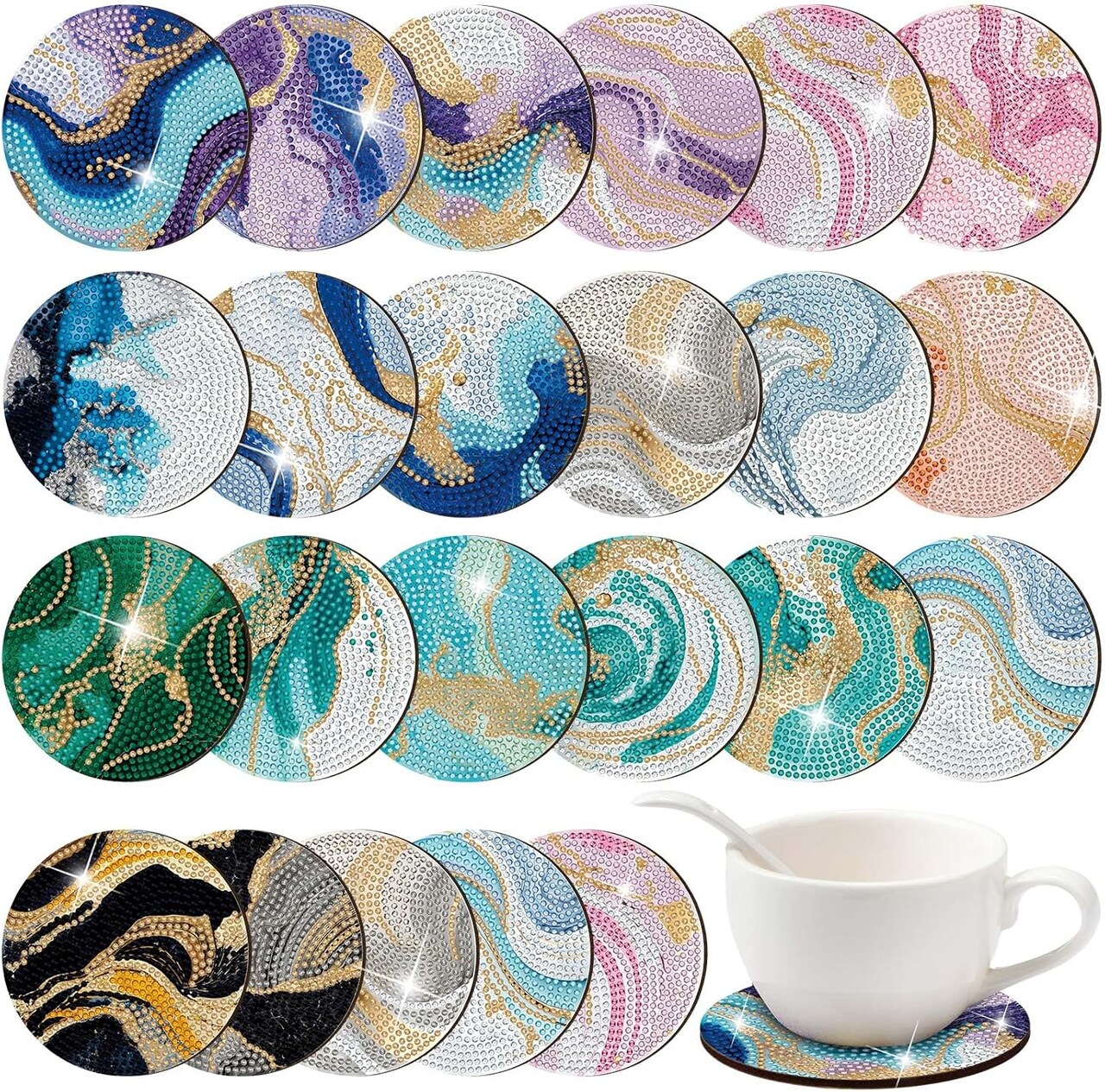 24 Pcs Marble Diamond Art Coasters Painting Coasters Ocean Marble Coasters Diamond Art Coasters Kit DIY Coasters with Cork Base for Outdoor Drinks Adults Kids Beginners DIY Crafts Supplies